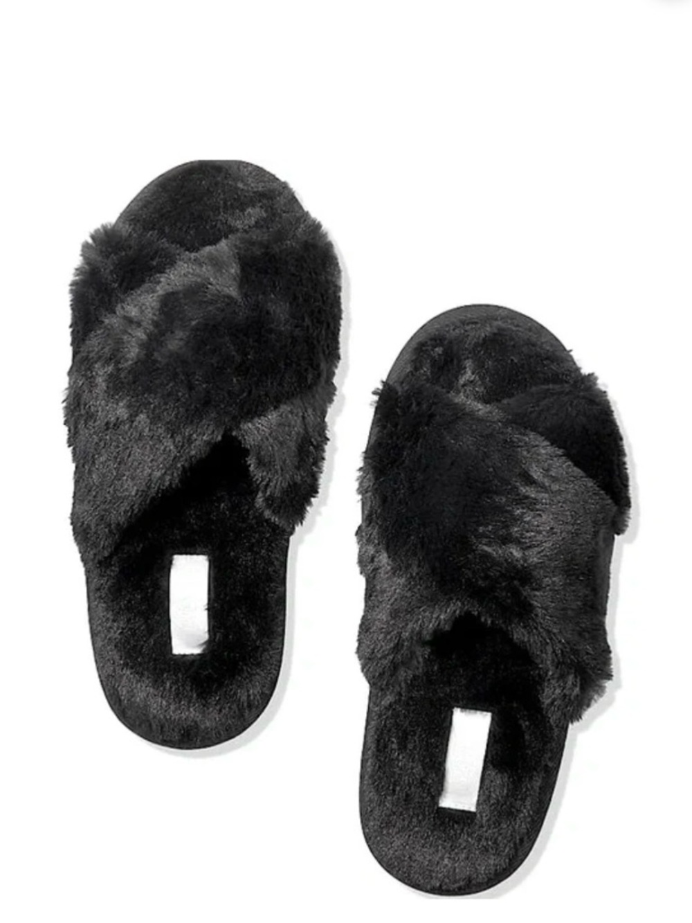 PINK Victoria's Secret Black Fur Fuzzy Slippers, NEW, Small 5/6